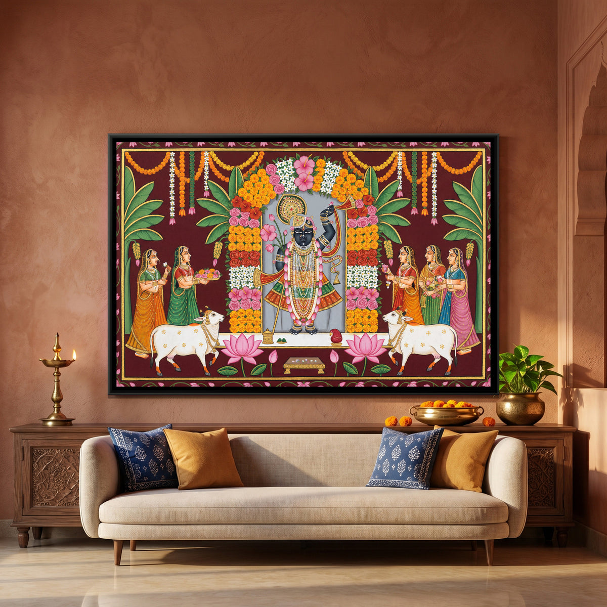 Pichwai Shrinathji Phool Bungalow — framed canvas art hung on a wall