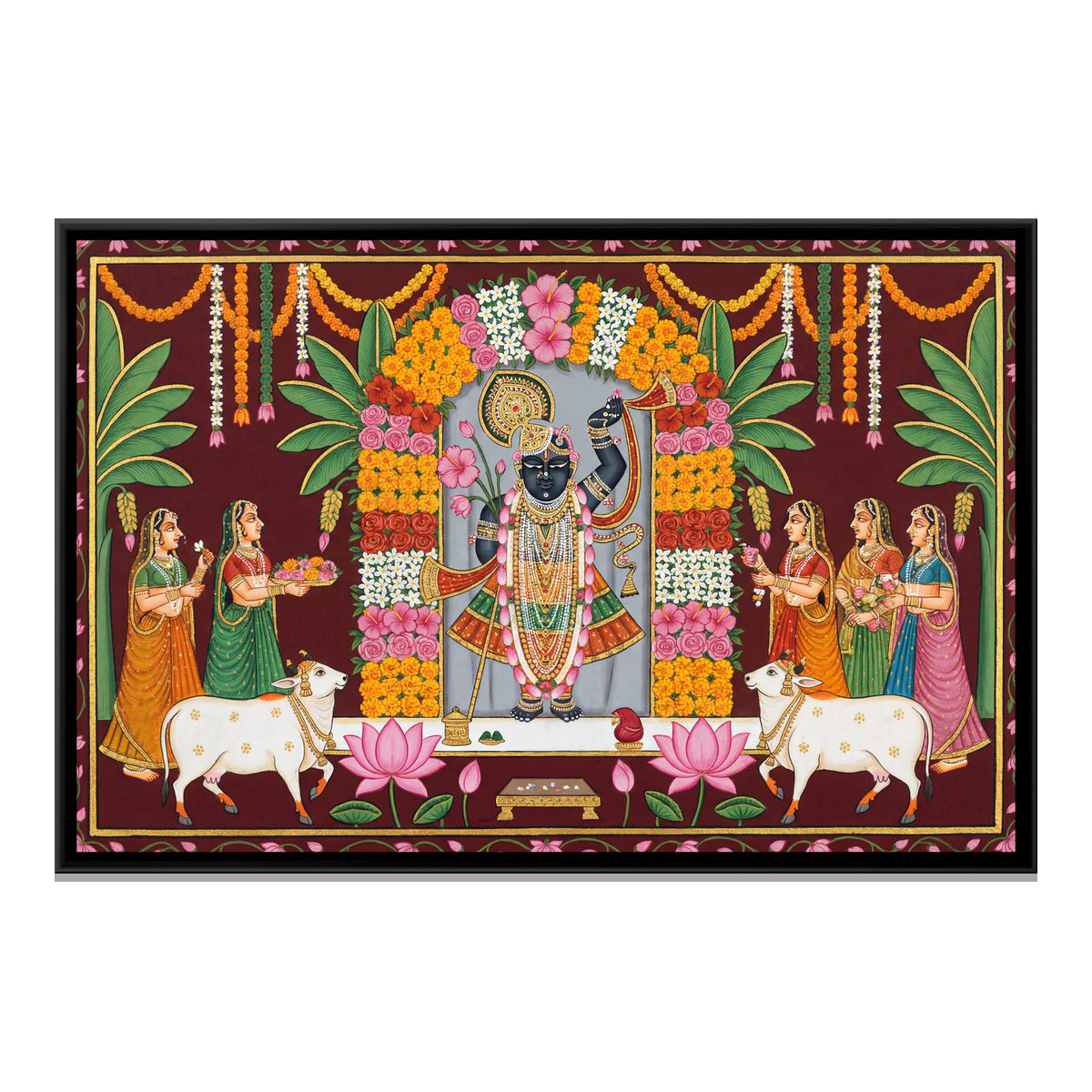 Pichwai Shrinathji Phool Bungalow — framed canvas print, front view