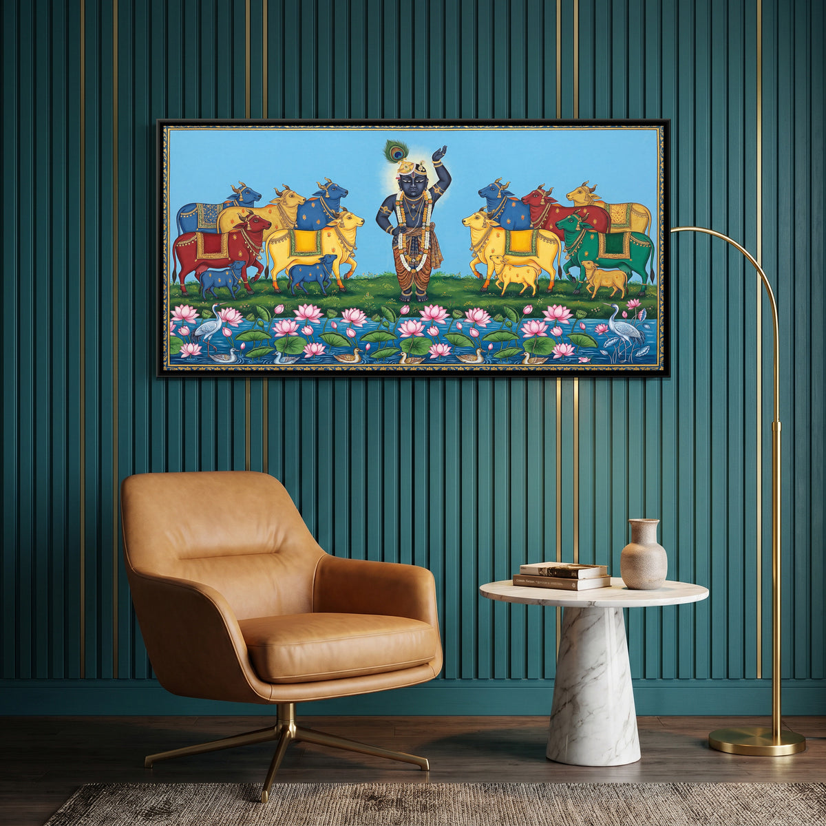 Pichwai Shrinathji with Cows — canvas art shown in a second room setting