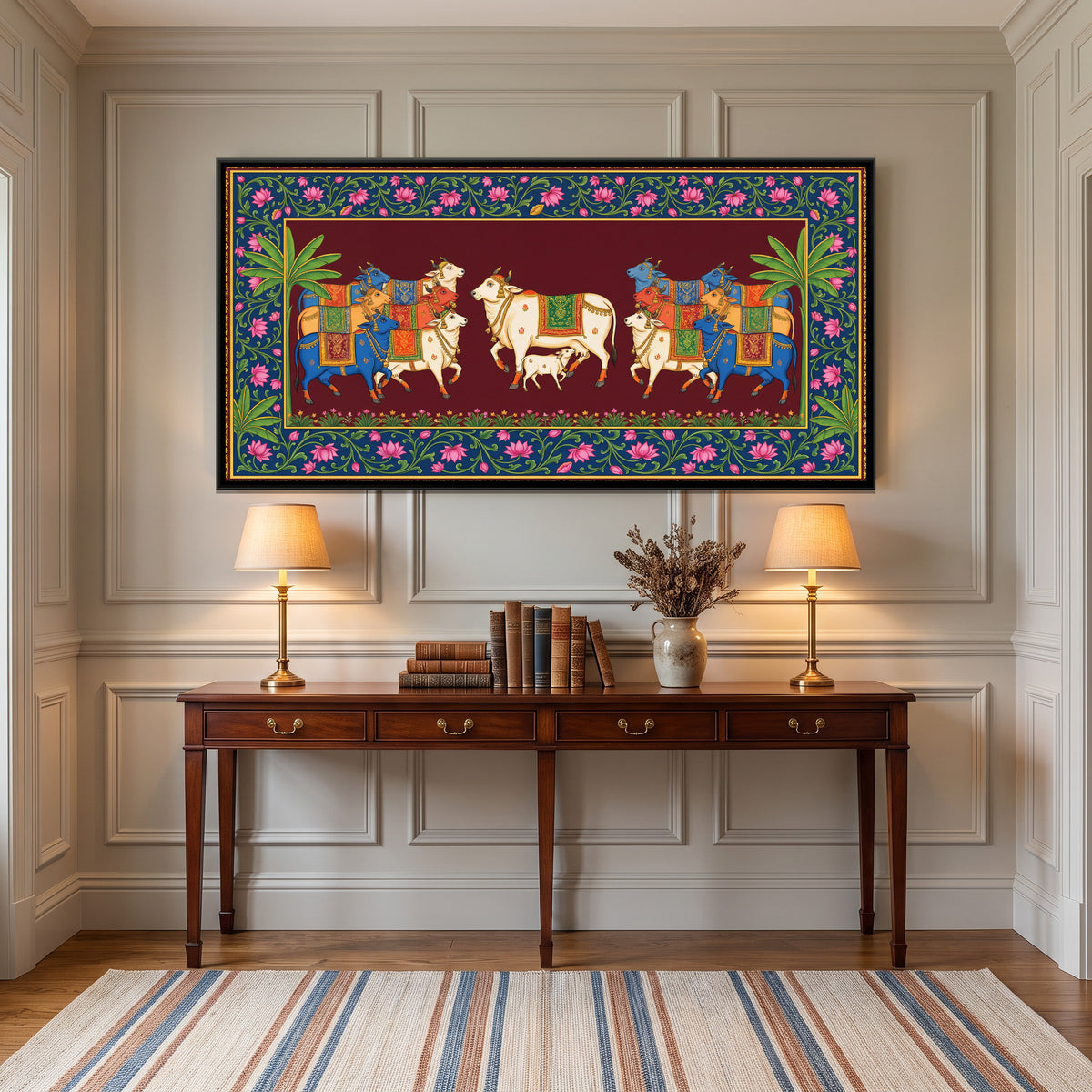 Pichwai Cows — canvas art shown in a styled room