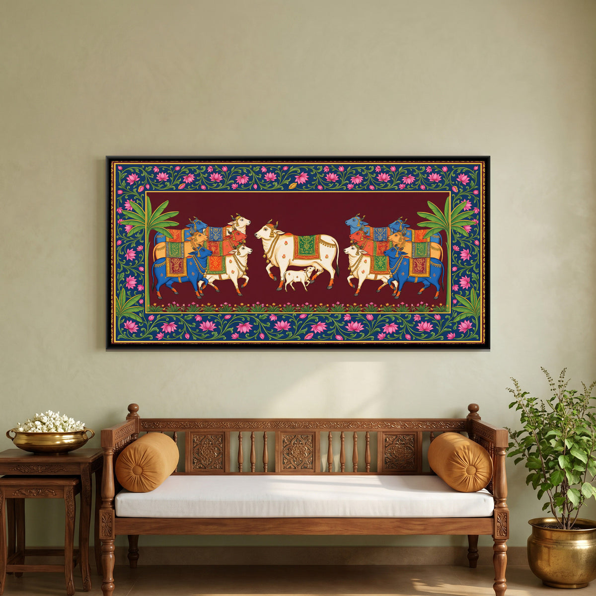 Pichwai Cows — framed canvas art hung on a wall