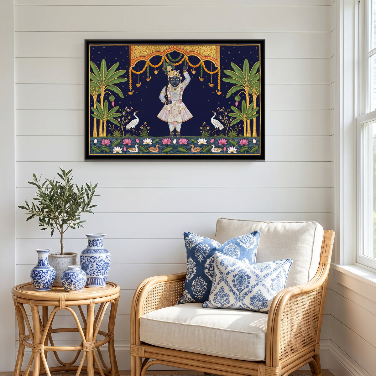 Pichwai Shrinathji with Cranes — canvas art shown in a second room setting