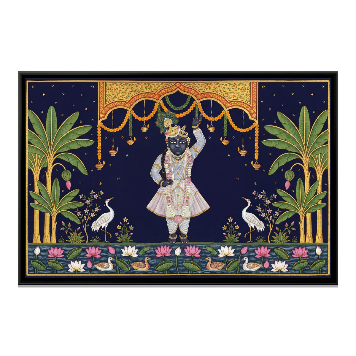 Pichwai Shrinathji with Cranes — framed canvas print, front view