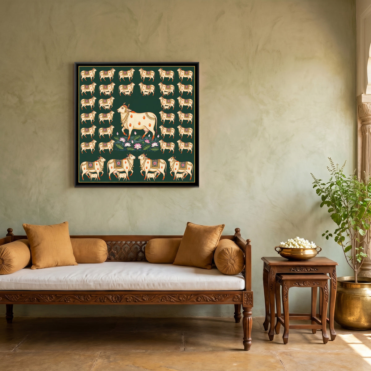 Pichwai Cows — canvas art shown in a styled room