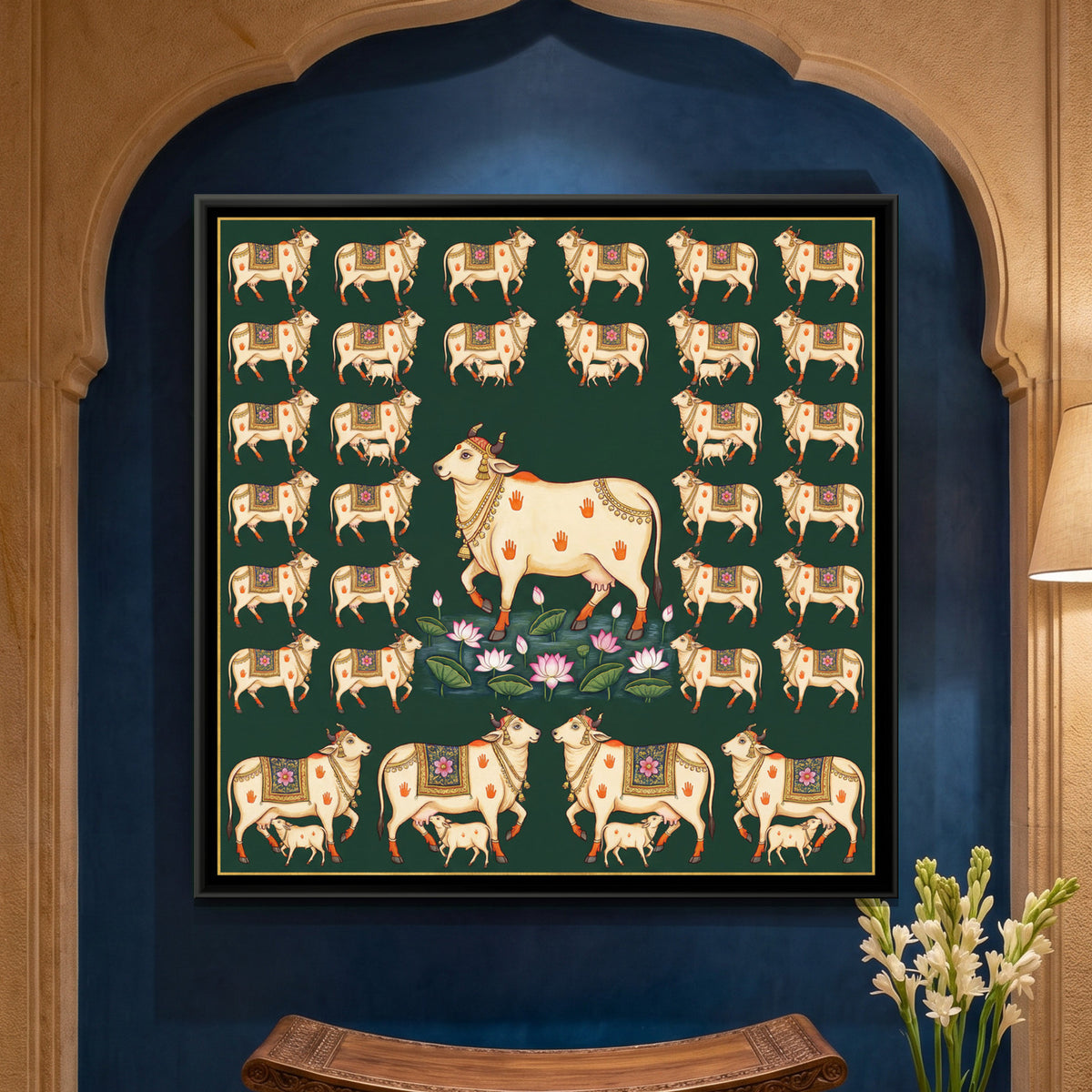 Pichwai Cows — framed canvas art hung on a wall