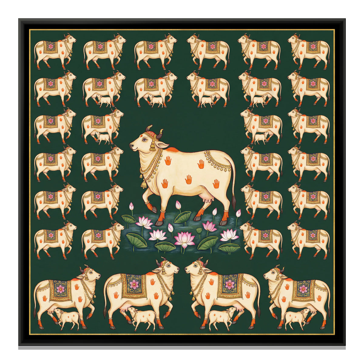 Pichwai Cows — framed canvas print, front view