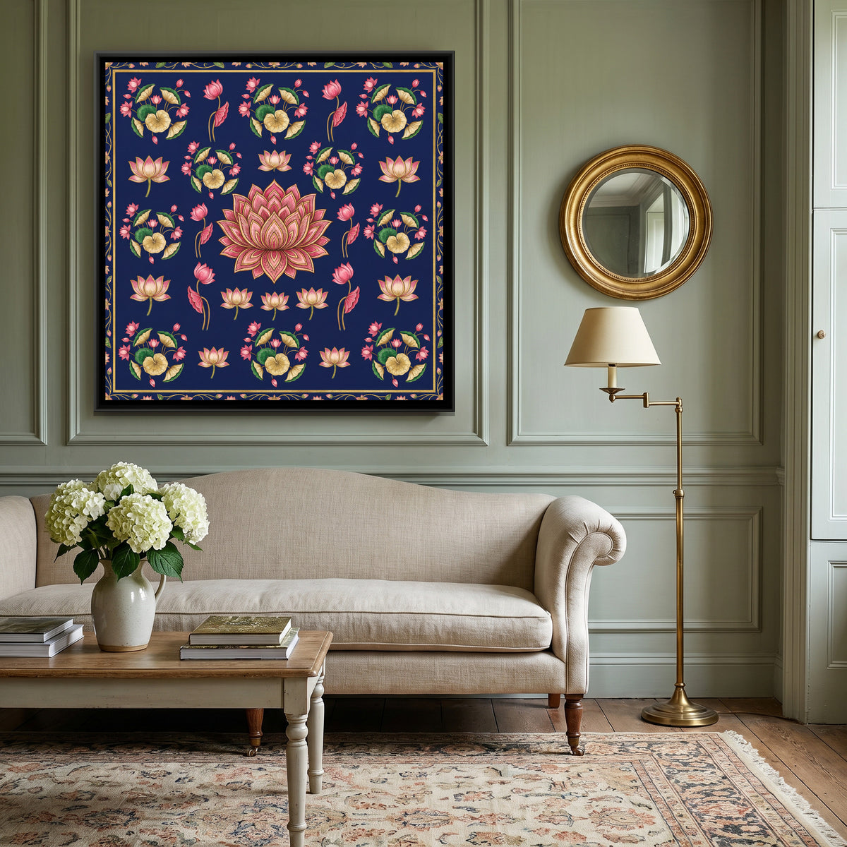 Pichwai Lotus — canvas art shown in a styled room