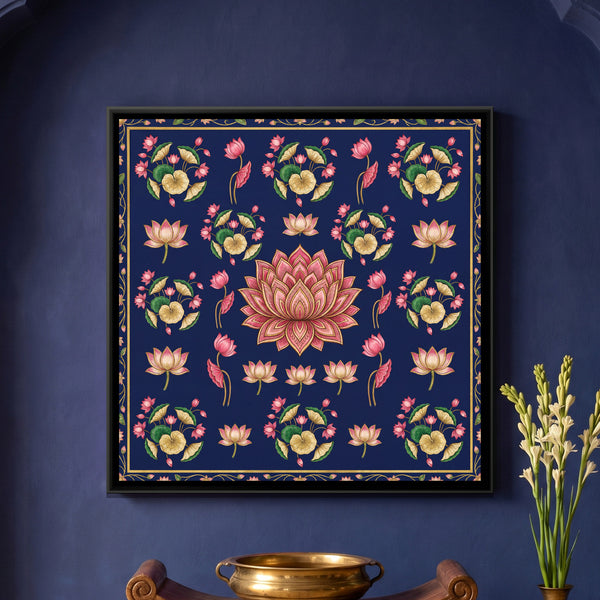 Pichwai Lotus — framed canvas art hung on a wall