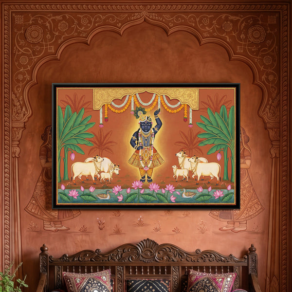 Pichwai Shrinathji Annakut — framed canvas art hung on a wall