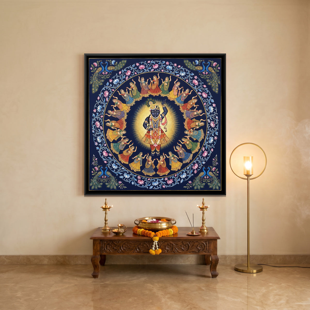 Pichwai Raas Leela — canvas art shown in a styled room