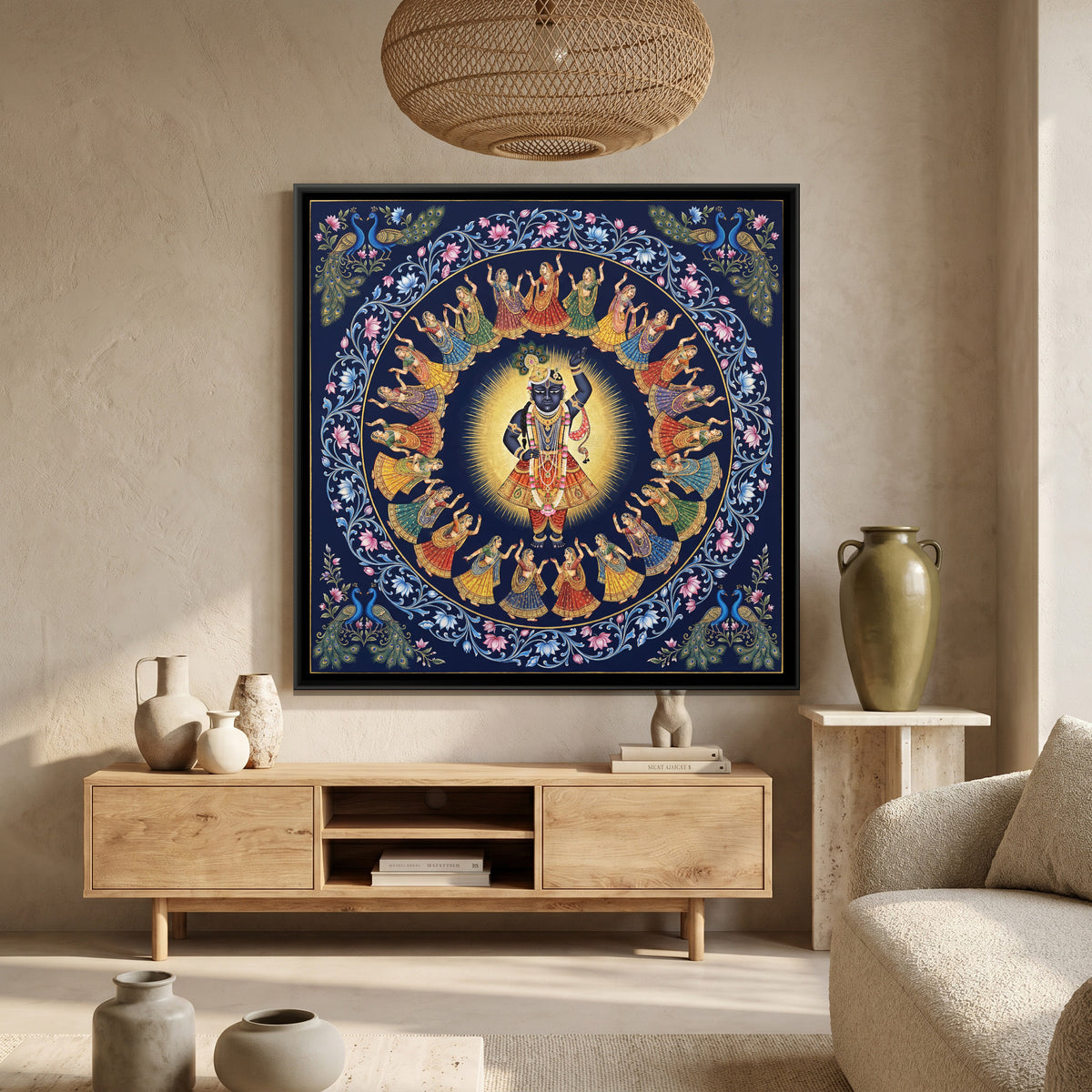 Pichwai Raas Leela — canvas art shown in a second room setting