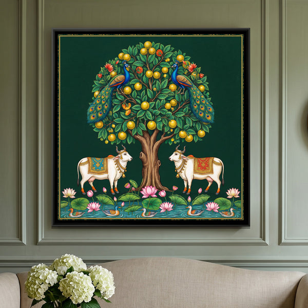 Pichwai Kadamba Tree — framed canvas art hung on a wall