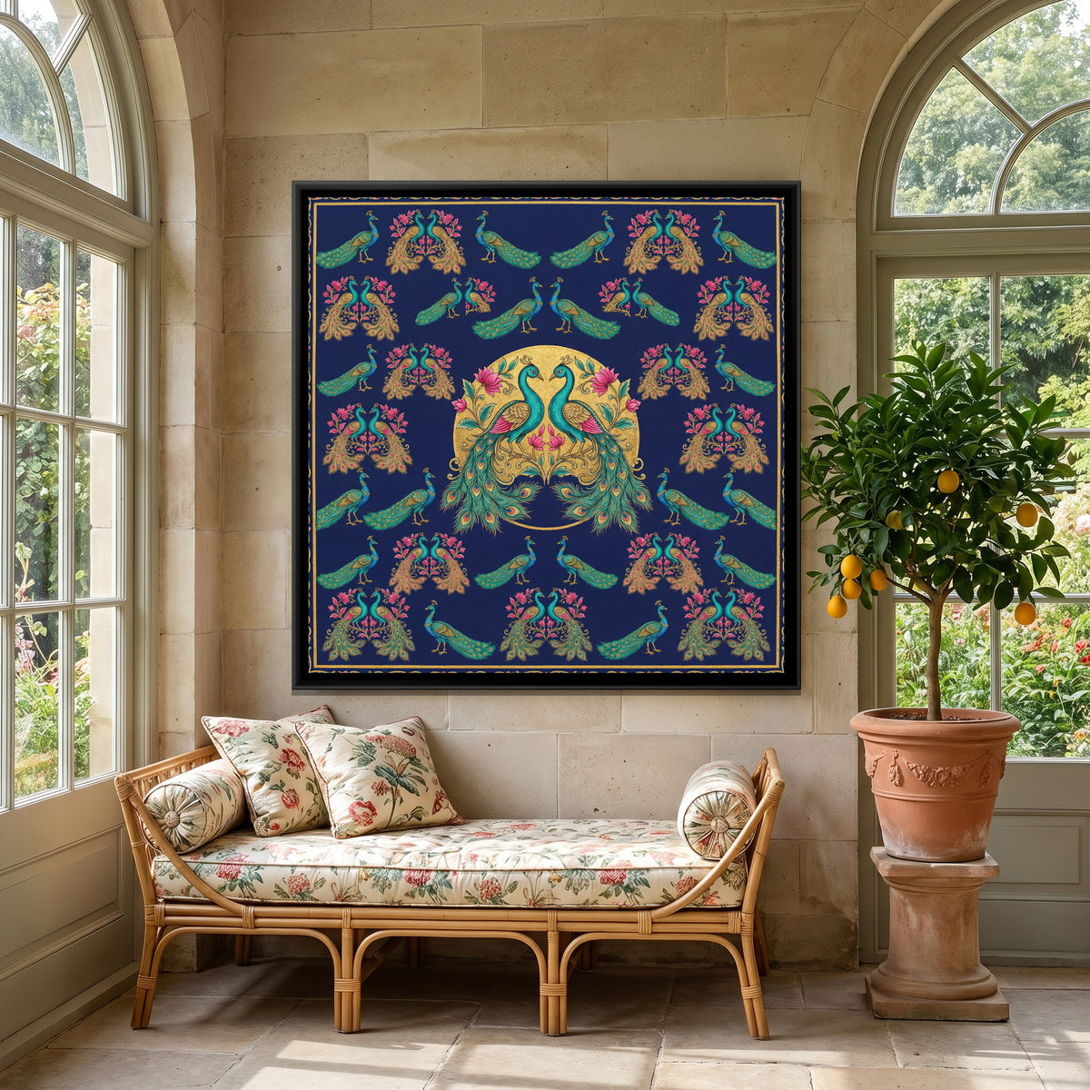 Pichwai Peacocks — canvas art shown in a styled room