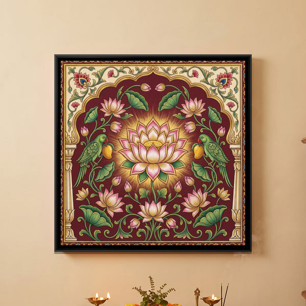 Pichwai Lotus Jharokha — framed canvas art hung on a wall