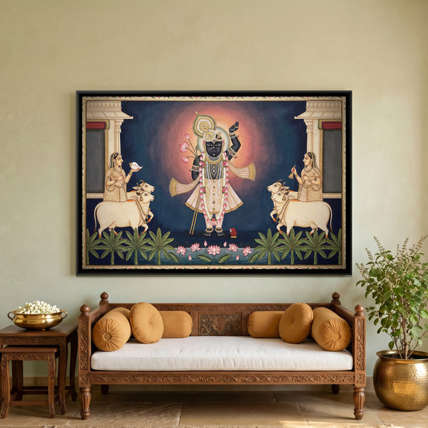 Pichwai Shrinathji Mangala Darshan — framed canvas art hung on a wall