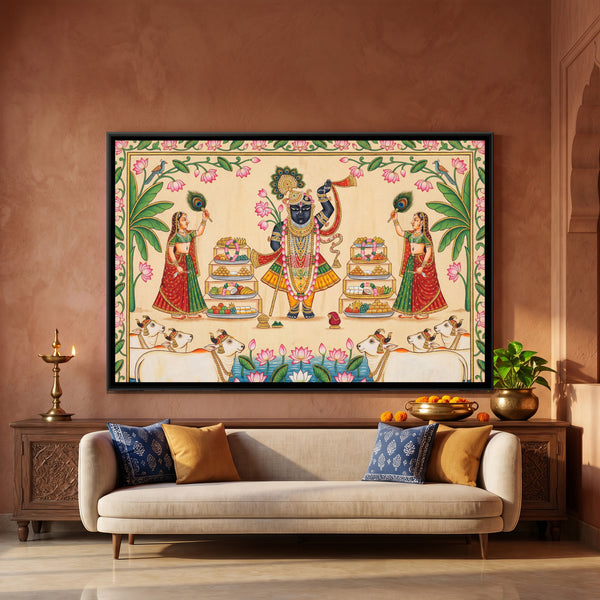 Pichwai Shrinathji Rajbhog Darshan — framed canvas art hung on a wall