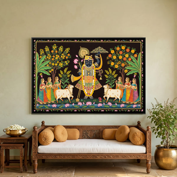 Pichwai Shrinathji Vasant Panchami — framed canvas art hung on a wall