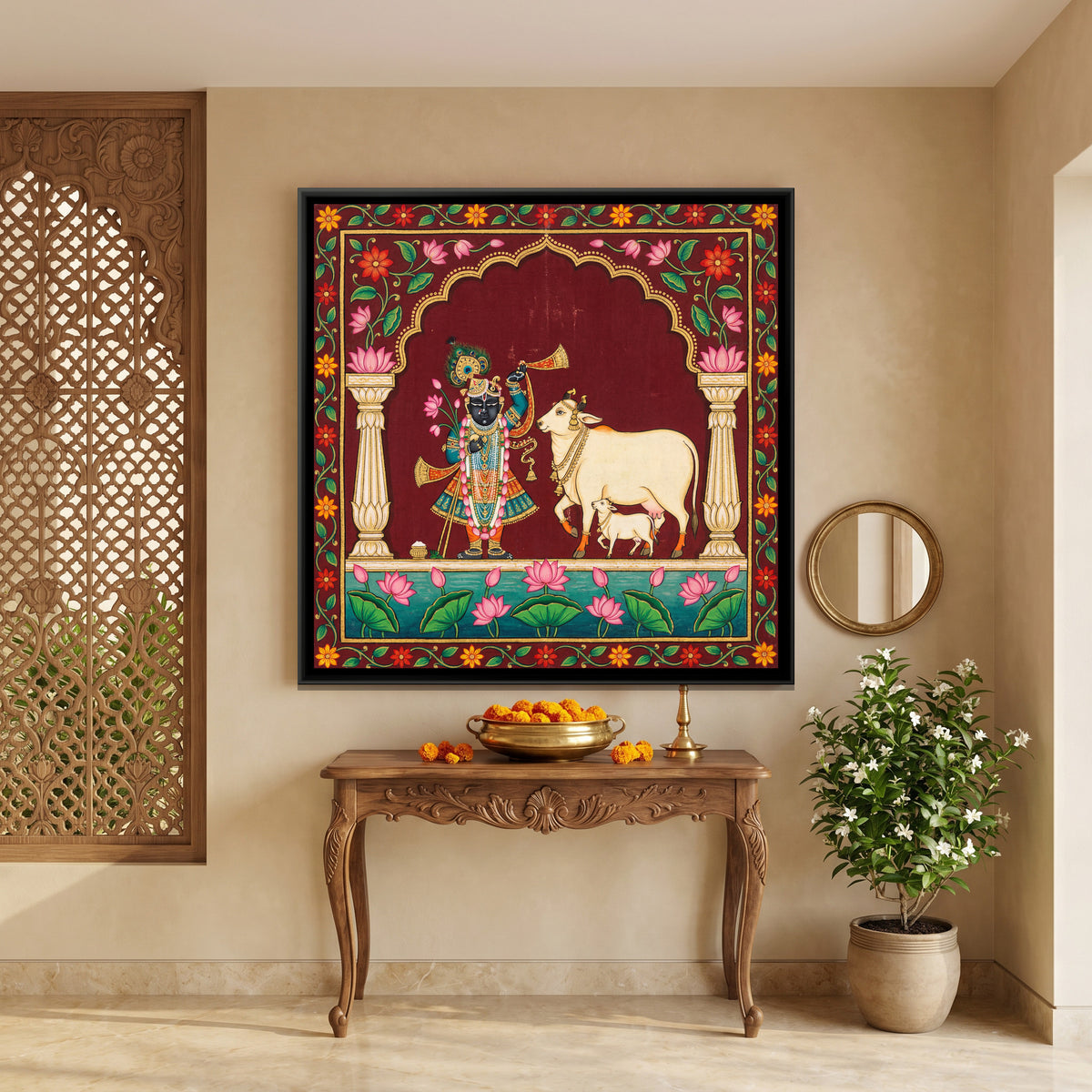 Pichwai Shri Krishna and Cow — canvas art shown in a styled room