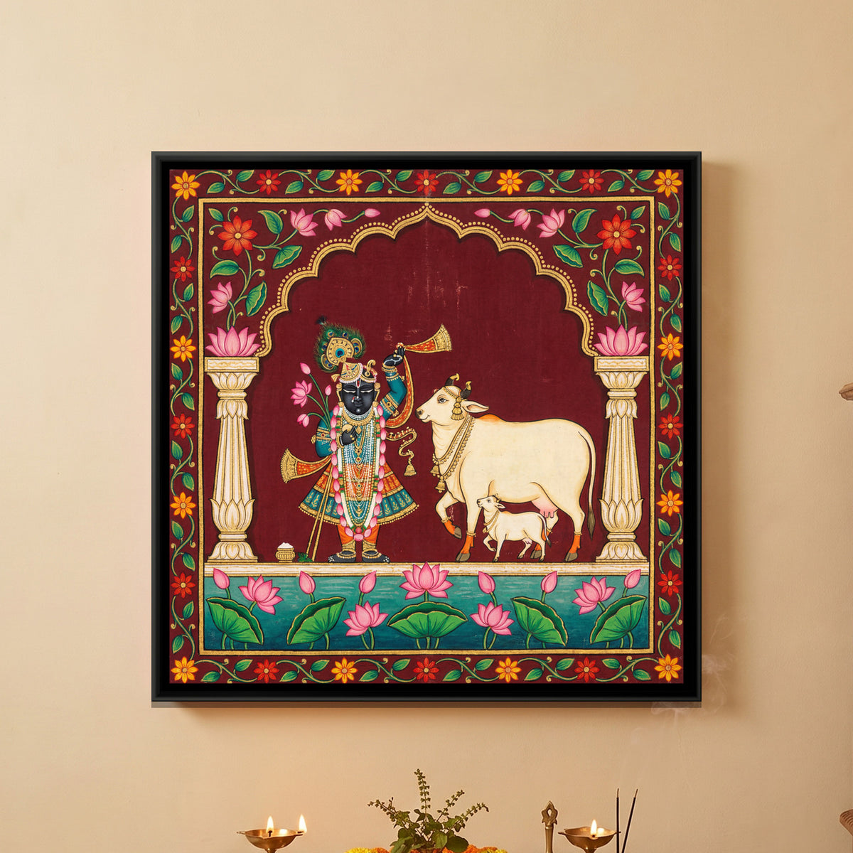 Pichwai Shri Krishna and Cow — framed canvas art hung on a wall