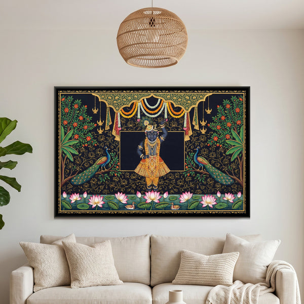 Pichwai Shrinathji Diwali — framed canvas art hung on a wall