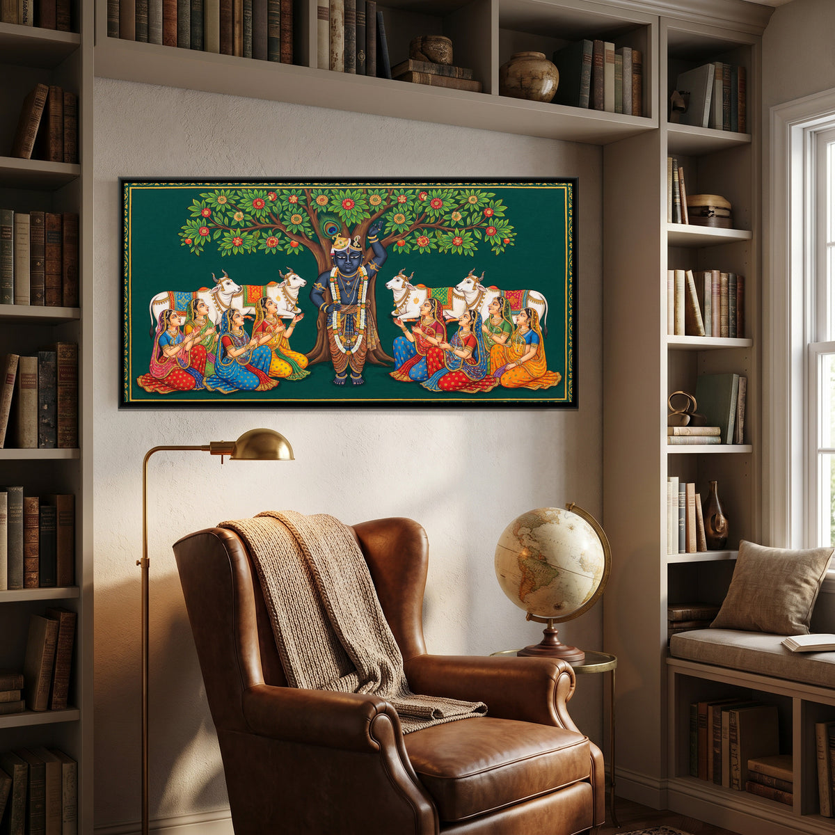 Pichwai Shrinathji with Gopis — canvas art shown in a styled room