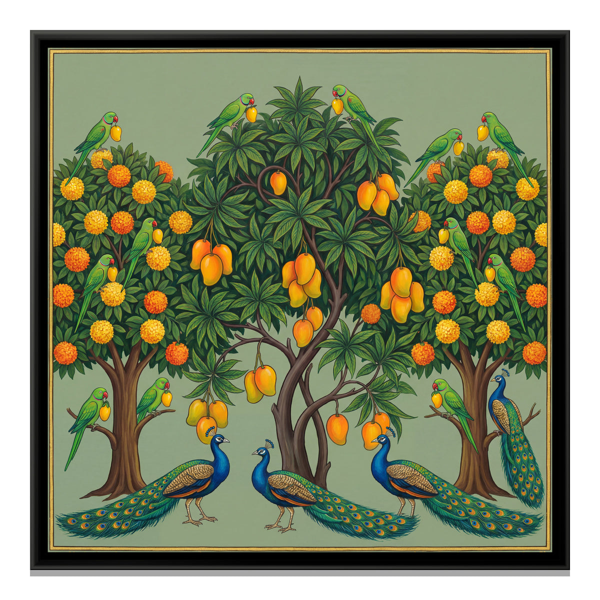 Pichwai Trees and Peacocks — framed canvas print, front view