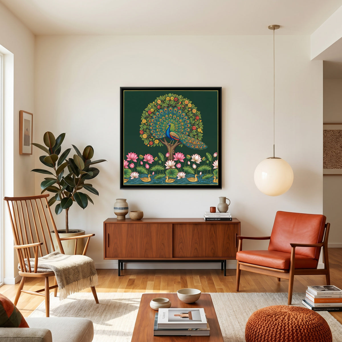 Pichwai Peacock — canvas art shown in a second room setting