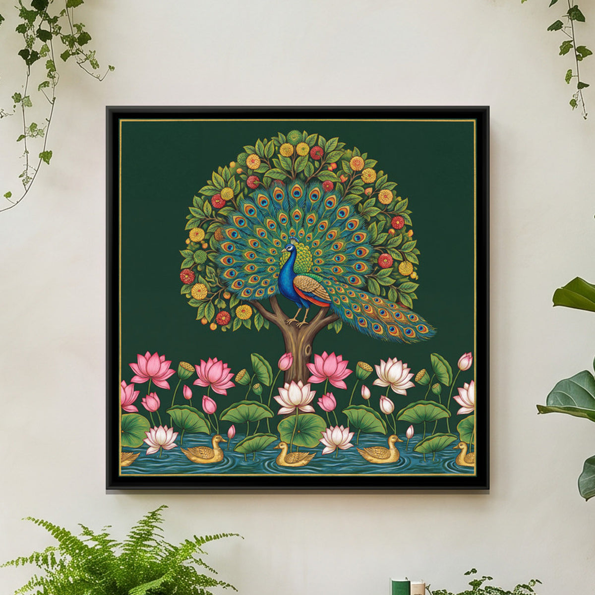 Pichwai Peacock — framed canvas art hung on a wall