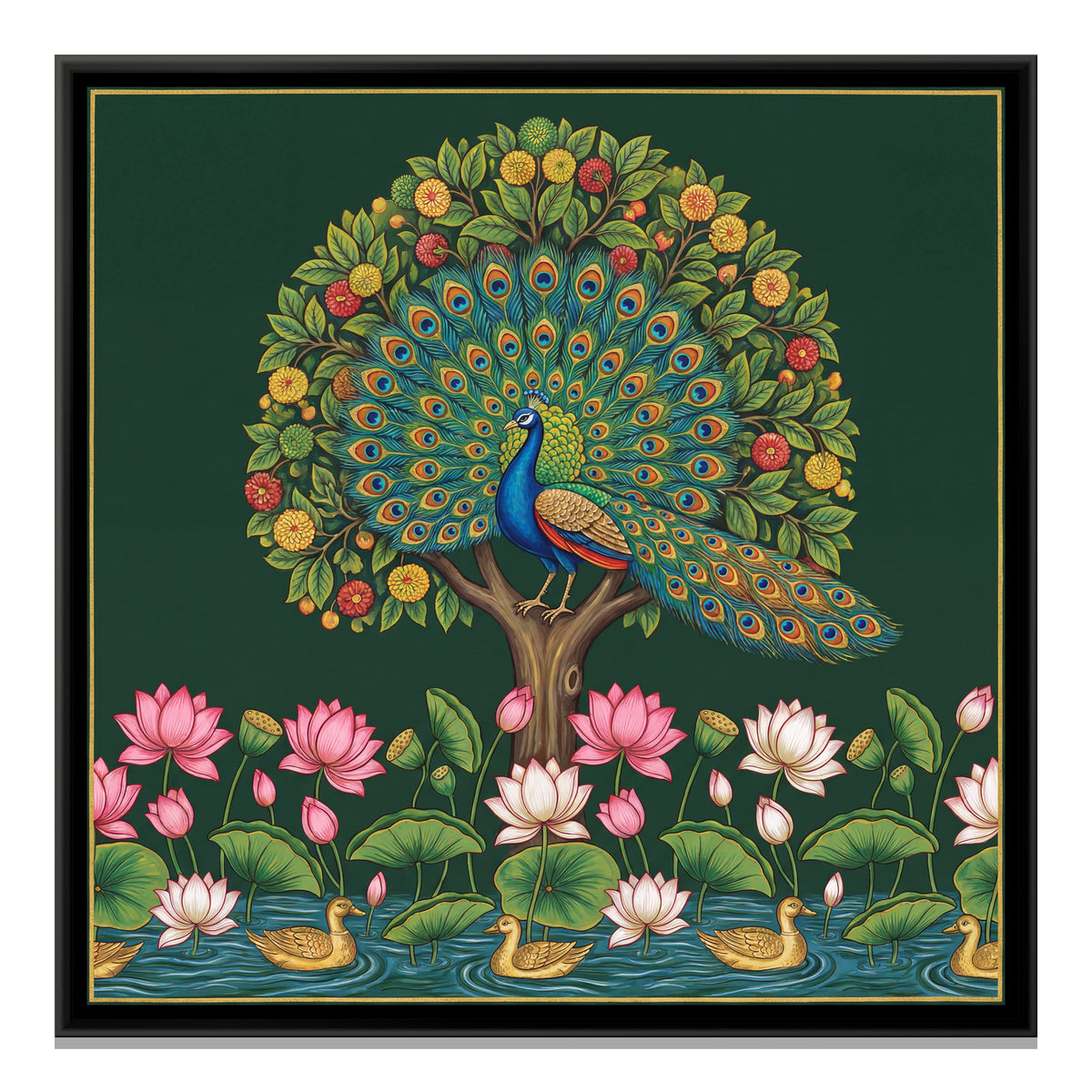 Pichwai Peacock — framed canvas print, front view