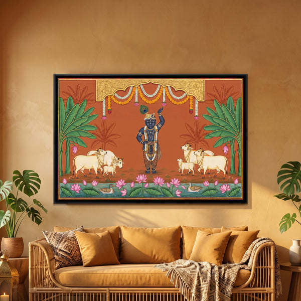 Pichwai Shrinathji Gwal Darshan — framed canvas art hung on a wall