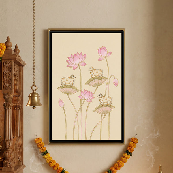 Pichwai Cows and Lotus — framed canvas art hung on a wall