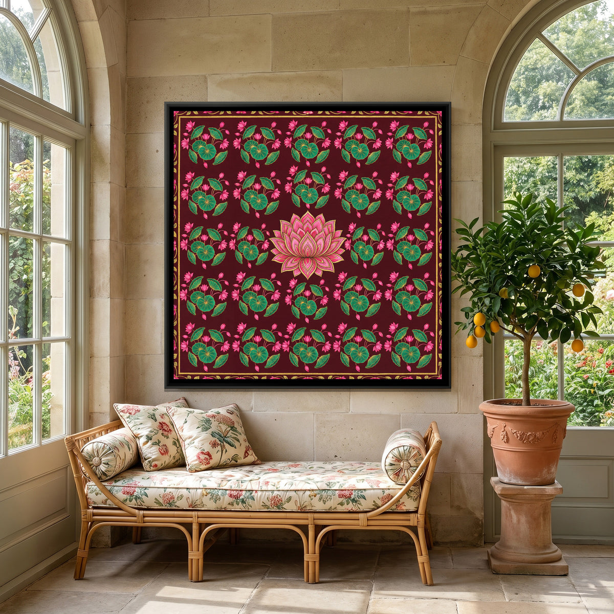 Pichwai Lotus — canvas art shown in a styled room