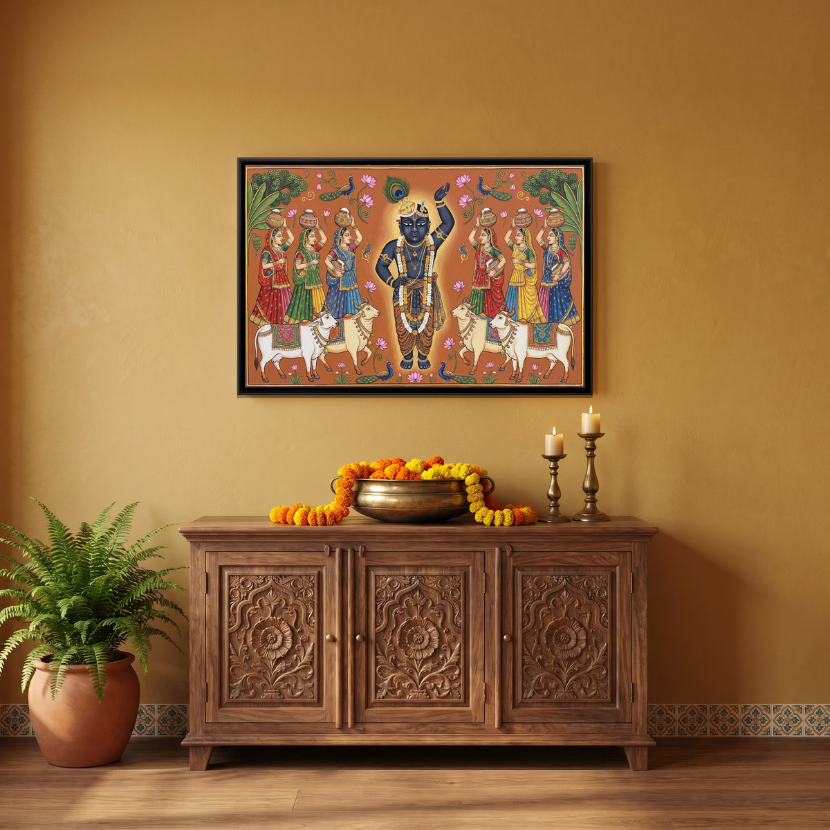 Pichwai Shrinathji Daan Darshan — canvas art shown in a styled room