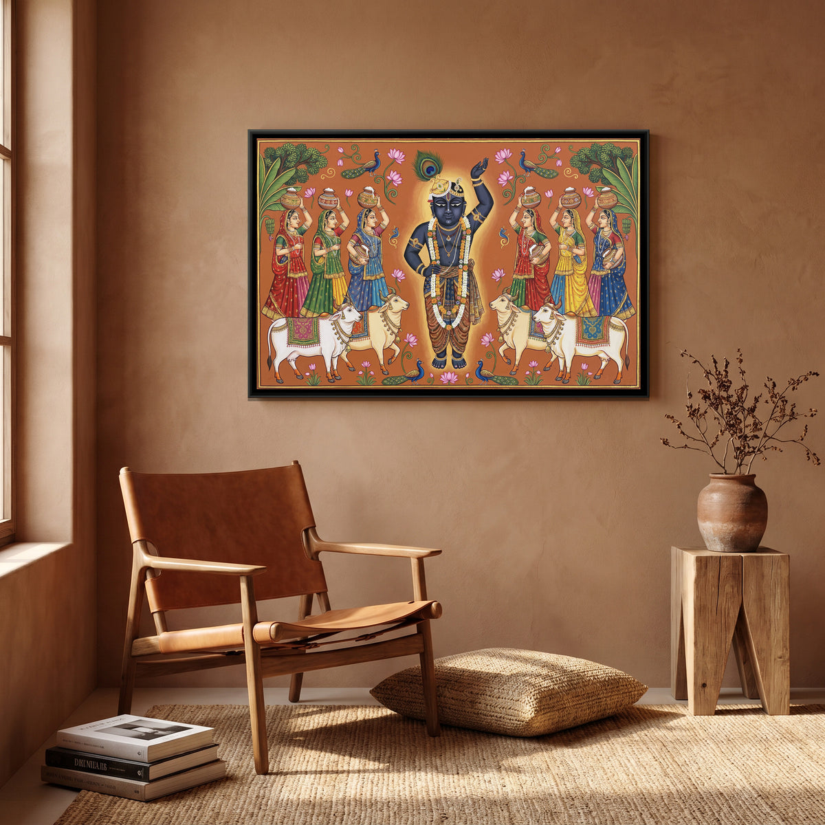 Pichwai Shrinathji Daan Darshan — canvas art shown in a second room setting