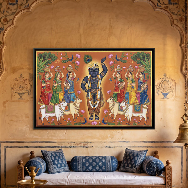 Pichwai Shrinathji Daan Darshan — framed canvas art hung on a wall