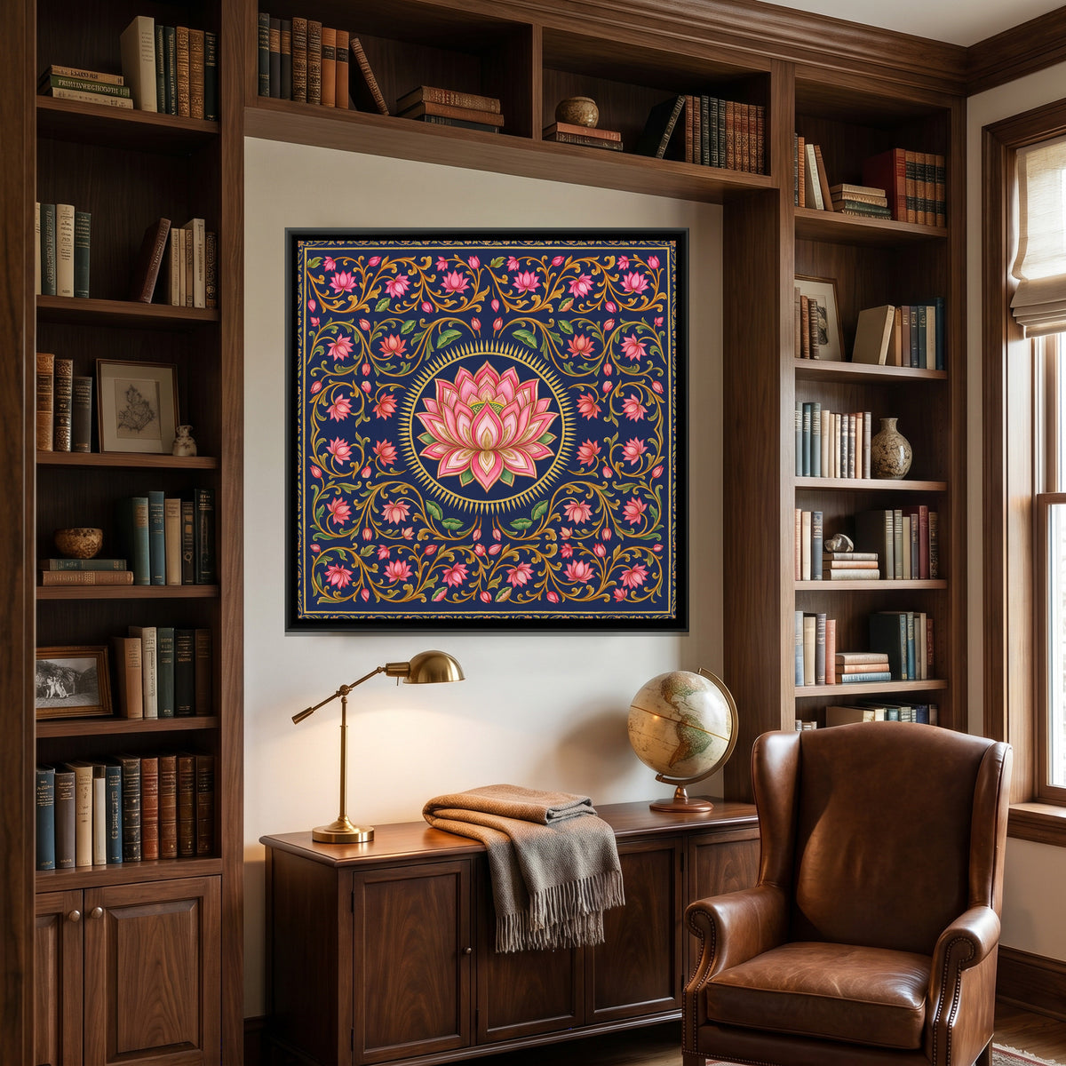 Pichwai Lotus — canvas art shown in a styled room