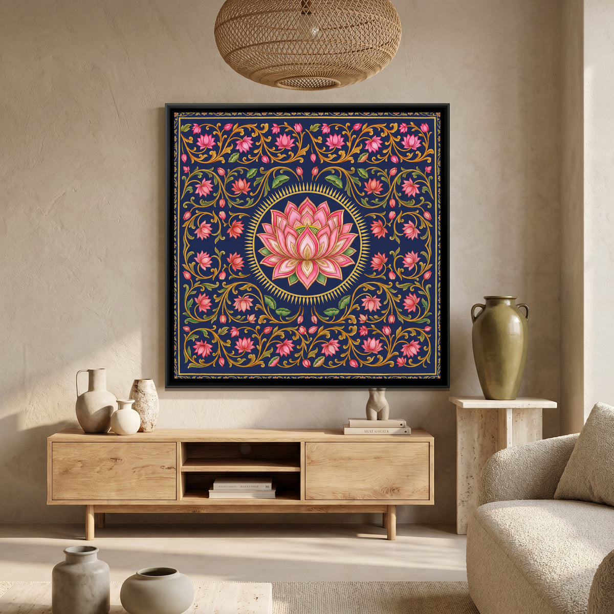 Pichwai Lotus — canvas art shown in a second room setting