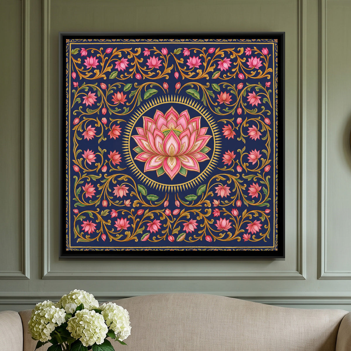 Pichwai Lotus — framed canvas art hung on a wall
