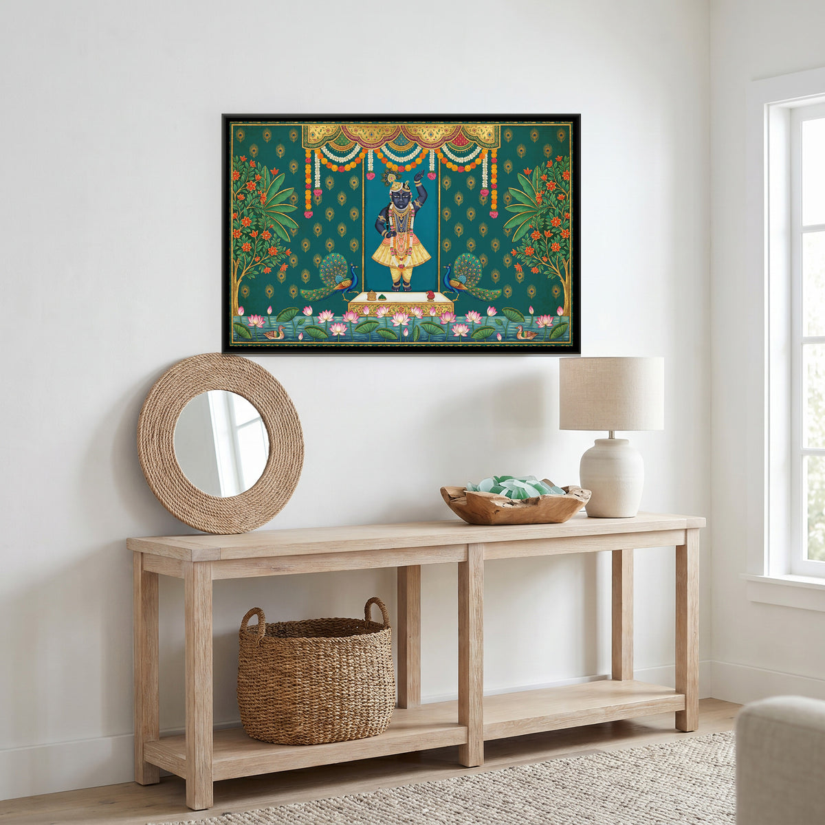 Pichwai Shrinathji Utthapan Darshan — canvas art shown in a styled room