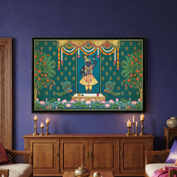 Pichwai Shrinathji Utthapan Darshan — framed canvas art hung on a wall