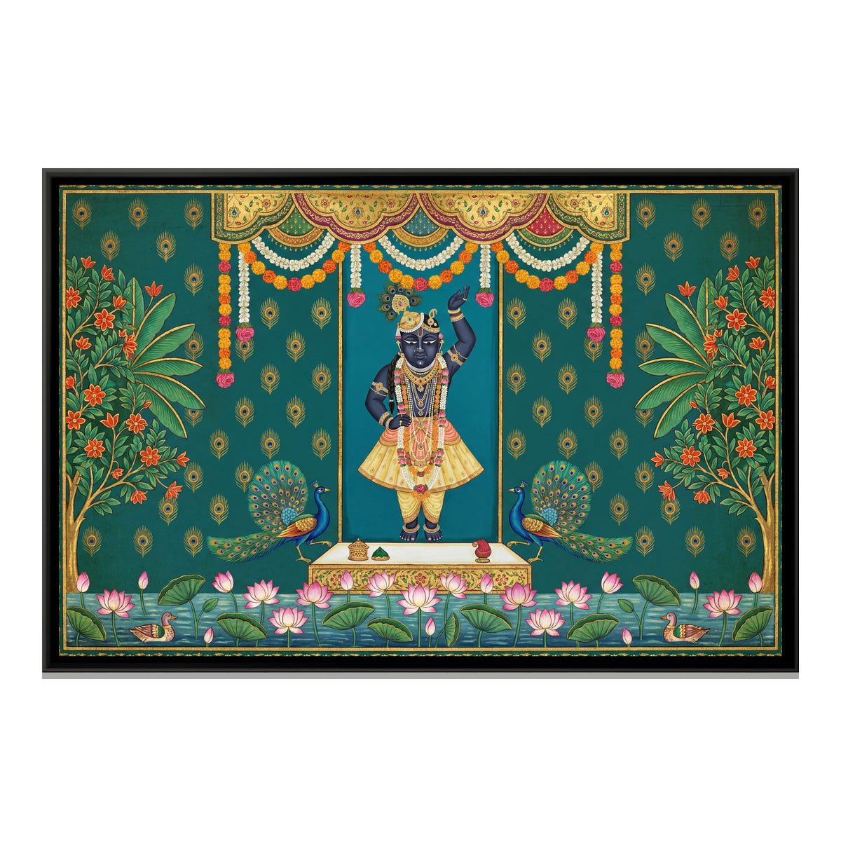 Pichwai Shrinathji Utthapan Darshan — framed canvas print, front view
