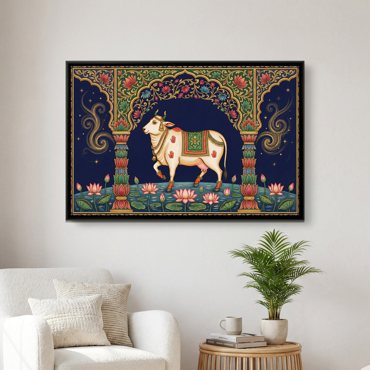 Pichwai Kamadhenu Cow — framed canvas art hung on a wall