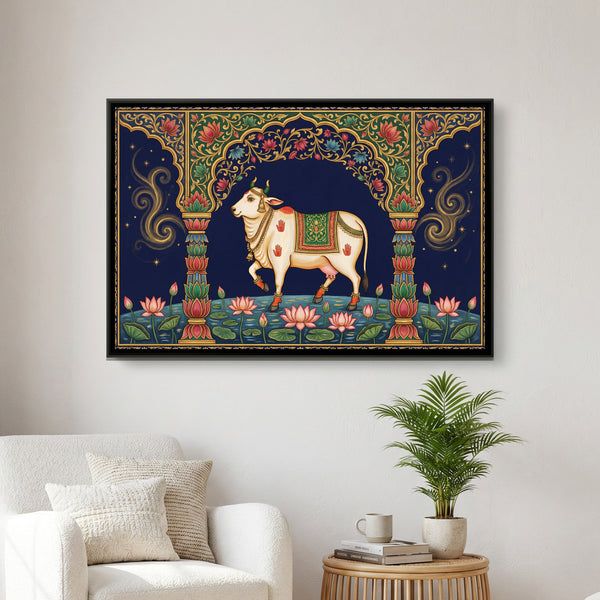 Pichwai Kamadhenu Cow — framed canvas art hung on a wall