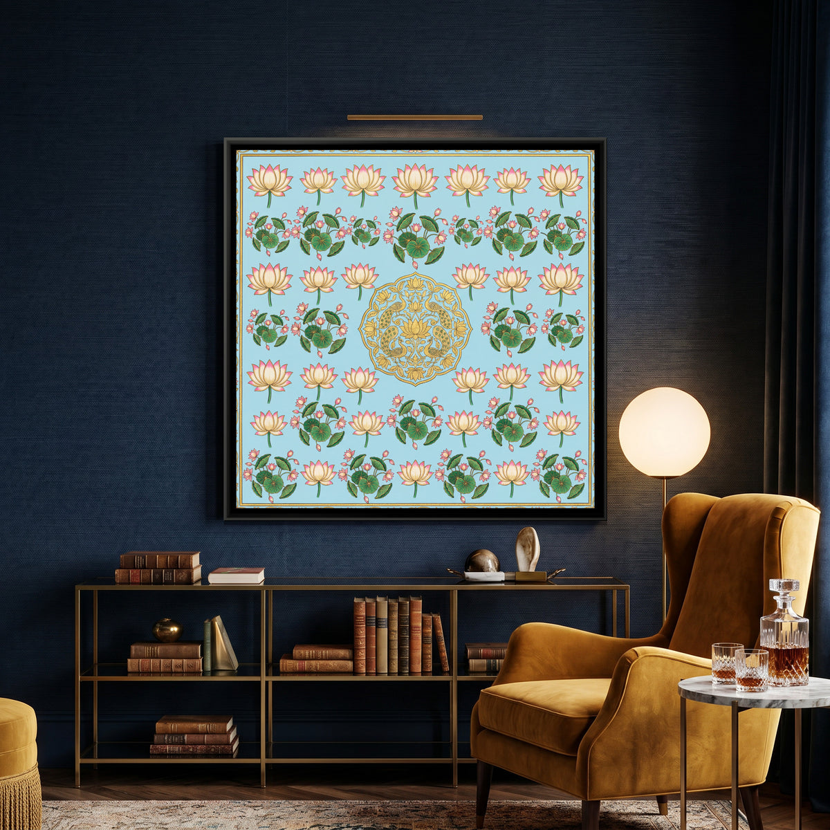Pichwai Lotus — canvas art shown in a styled room