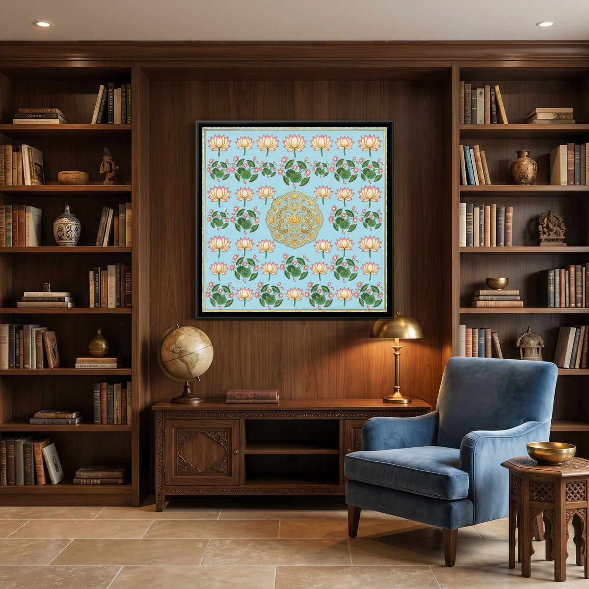 Pichwai Lotus — canvas art shown in a second room setting