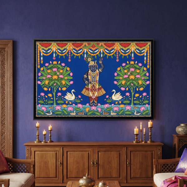 Pichwai Shrinathji Janmashtami — framed canvas art hung on a wall