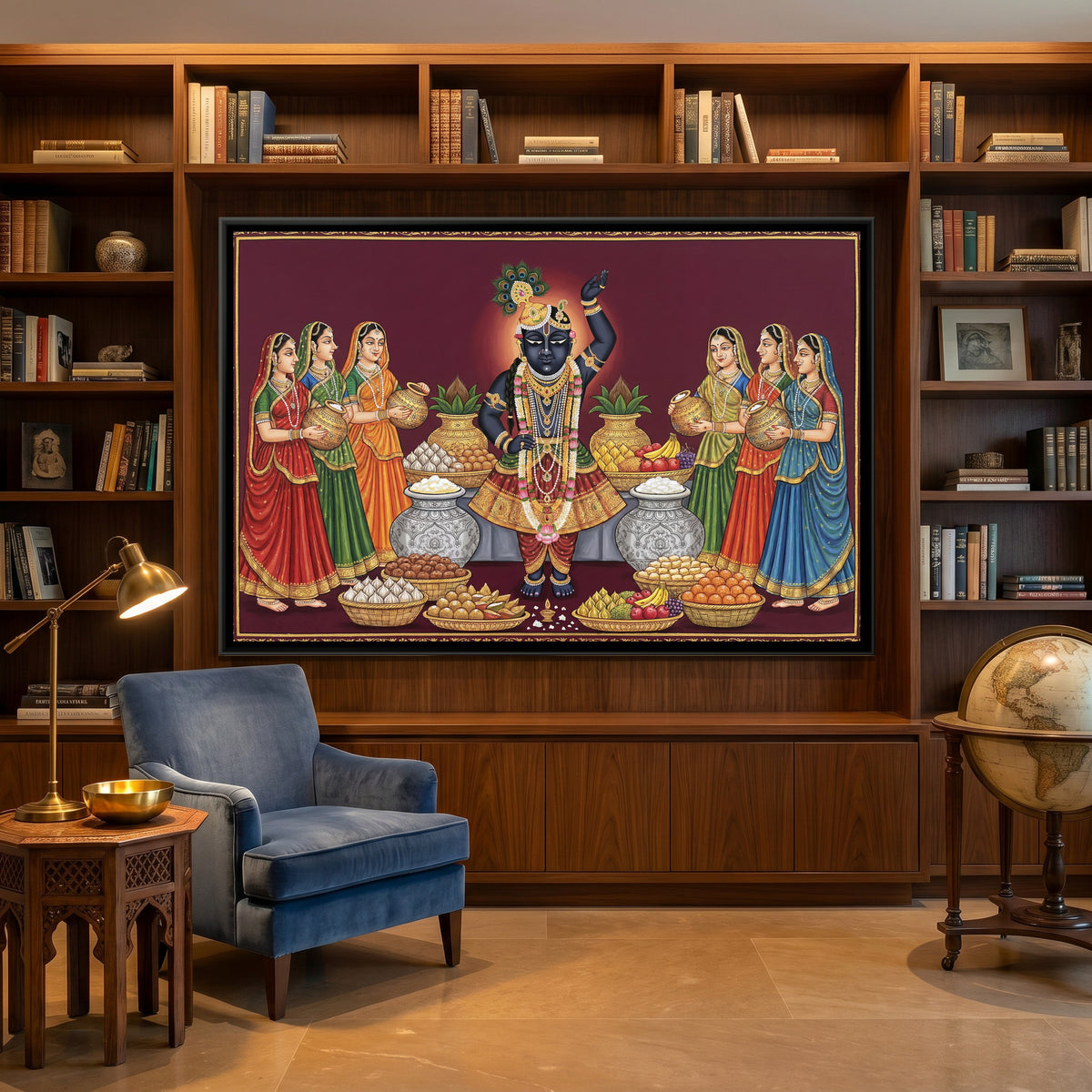 Pichwai Shrinathji Navnit Bhog — canvas art shown in a styled room