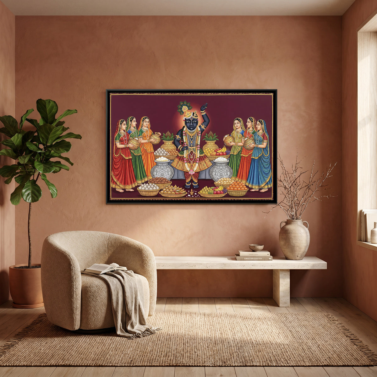 Pichwai Shrinathji Navnit Bhog — canvas art shown in a second room setting
