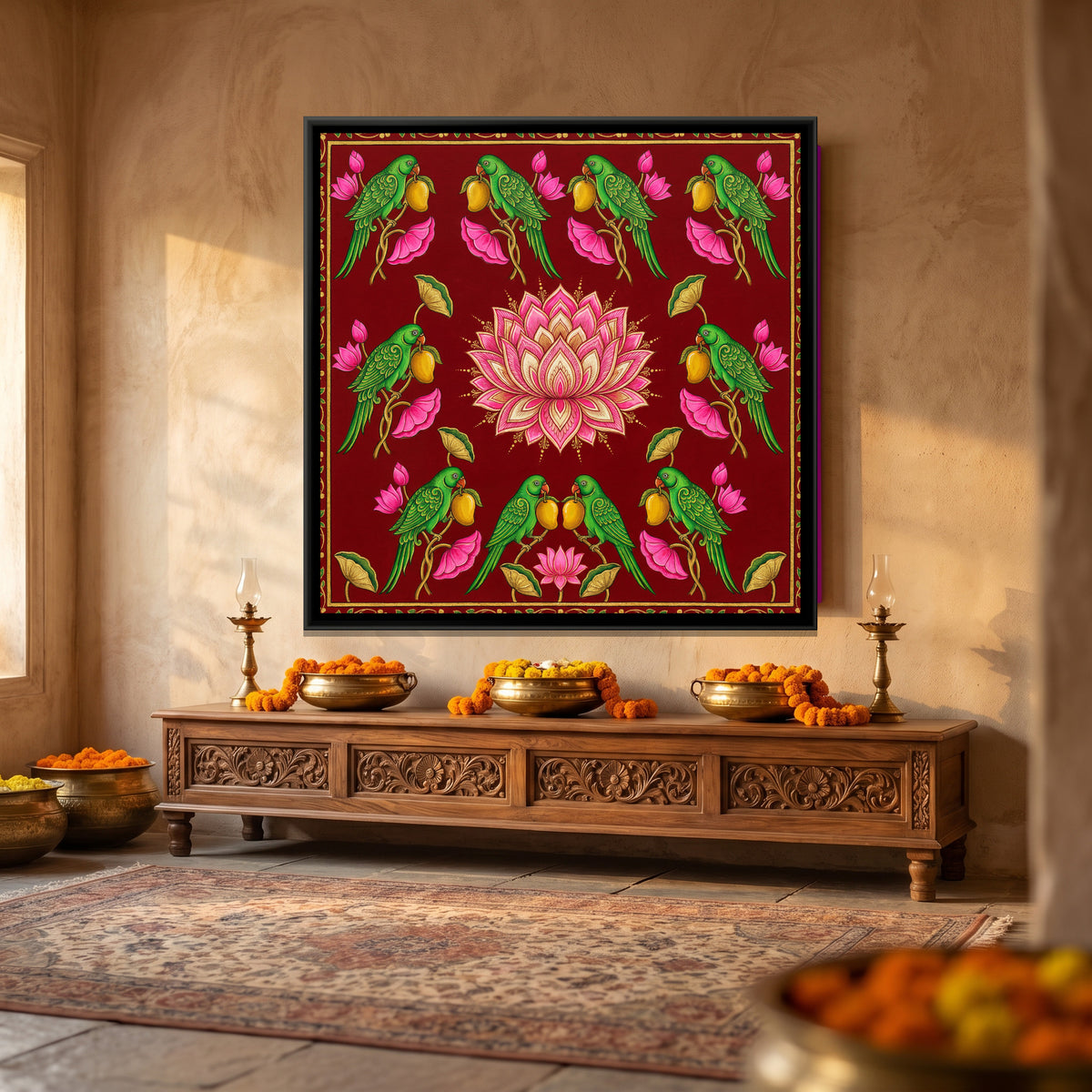 Pichwai Parrots and Lotus — canvas art shown in a styled room