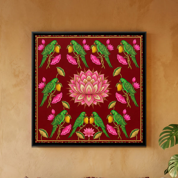 Pichwai Parrots and Lotus — framed canvas art hung on a wall